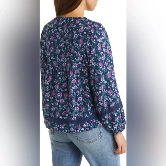 Lucky Brand Pintuck & Embroidery Cotton Blend Peasant Blouse, Navy, XXL, NWT - Picture 3 of 6